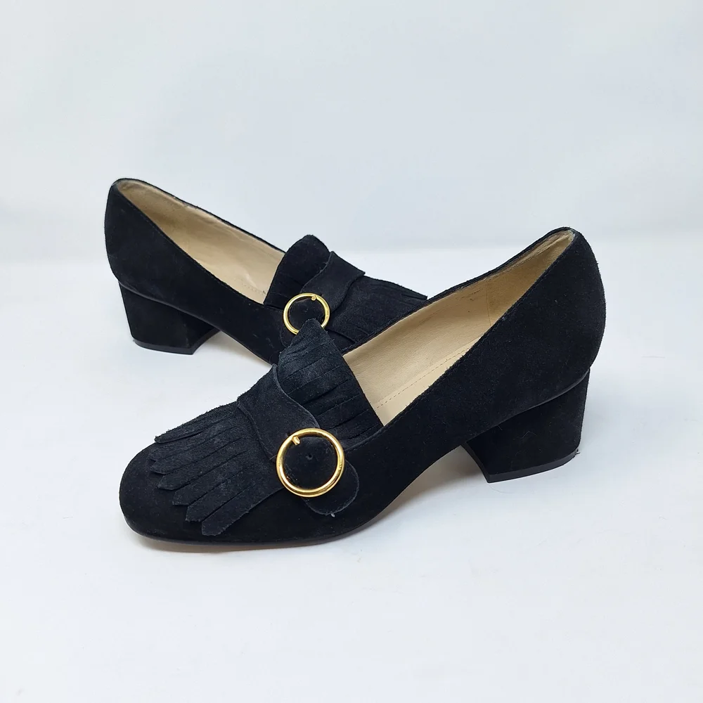 Marc Fisher Mabel Black Suede Loafers with Gold Buckle